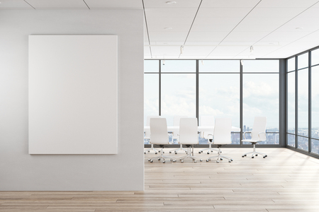 Modern meeting room interior with empty poster on concrete wall, panoramic city view, daylight and furniture. Mock up, 3D Renderingの写真素材