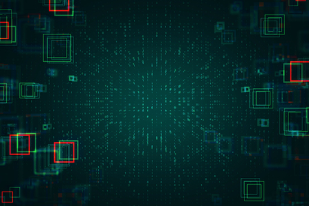 Abstract blurry binary code backdrop with digital squares. Software and computing concept. 3D Renderingの写真素材