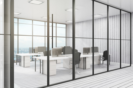Contemporary coworking office interior with city view, furniture and daylight. 3D Renderingの写真素材