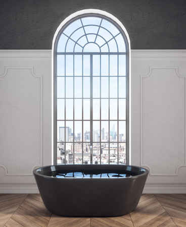 Front view of bath tab in bright bathroom interior with city view and daylight. 3D Renderingの写真素材