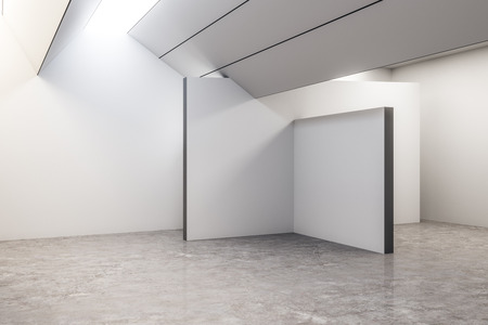 Bright concrete exhibition hall interior with copyspace and gray floor. Gallery concept. Mock up, 3D Renderingの写真素材