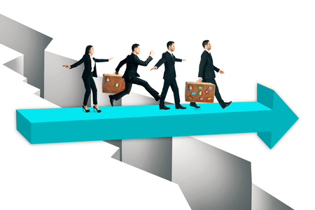 Businesspeople with travel suitcases running on blue arrow over gap. Challenge and teamwork concept.の写真素材