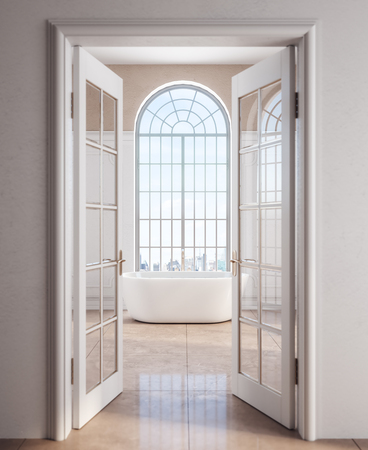 Open doors leading to beautiful bathroom interior with bright city view. Design concept. 3D Renderingの写真素材