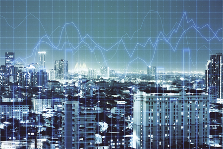 Creative city background with forex chart grid. Investment and trade concept. Double exposureの写真素材