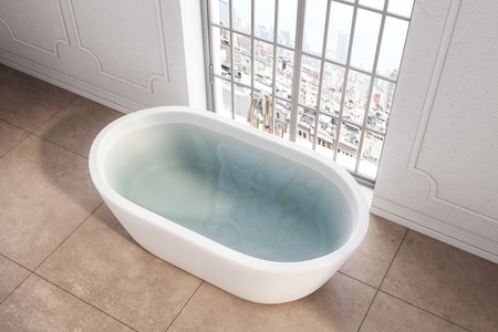 Top view of white bathtub in modern interior with tile floor and city view. Style and design concept. 3D Renderingの写真素材