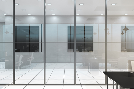 Glossy office corridor interior with glass wall, furniture and equipment. 3D Renderingの写真素材