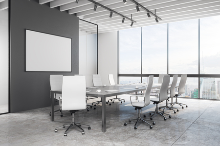 Modern meeting room interior with empty poster, city view and daylight. Mock up, 3D Renderingの写真素材