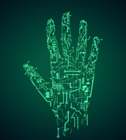 Creative green circuit hand on dark background. Robotics and ai concept. 3D Renderingの写真素材
