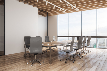 Bright meeting room interior with copy space on concrete wall, furniture, wooden floor and panoramic city with sky view. 3D Renderingの写真素材
