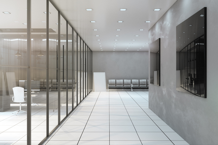 Bright office corridor interior with glass wall, furniture and equipment. 3D Renderingの写真素材