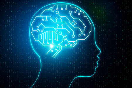 Abstract head outline with circuit brain. Artificial intelligence and robotics concept. 3D Renderingの写真素材