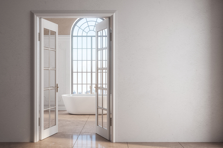White bathroom interior with bathtub, copy space on wall and city view. Mock up, 3D Renderingの写真素材