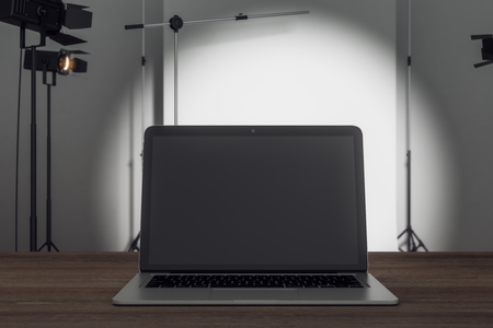 Close up of empty laptop computer in photo studio. Mock up, 3D Renderingの写真素材