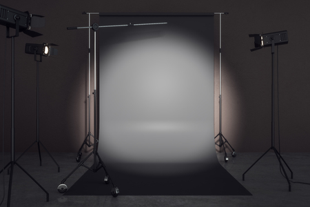 Contemporary photo studio with professional lighting equipment and black background. Photgraphy concept. Mock up, 3D Renderingの写真素材