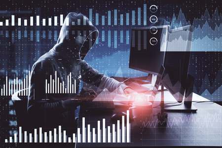 Side view of hacker using laptop with abstract digital business interface on blurry background. Innovation and finance concept. Double exposureの写真素材
