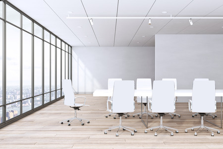Modern boarding room interior with panoramic city view and furniture. 3D Renderingの写真素材