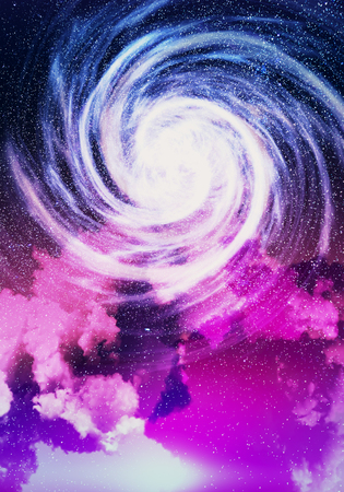 Creative glowing round star in space with pink clouds. 3D Renderingの写真素材