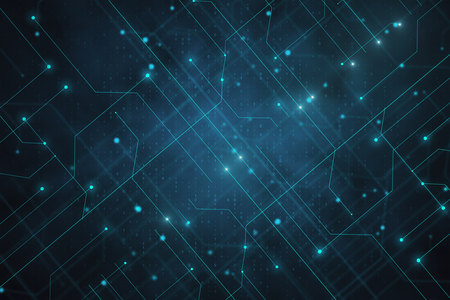Abstract circuit backdrop with glowing circles and lines. Chip and engineering concept. 3D Renderingの写真素材