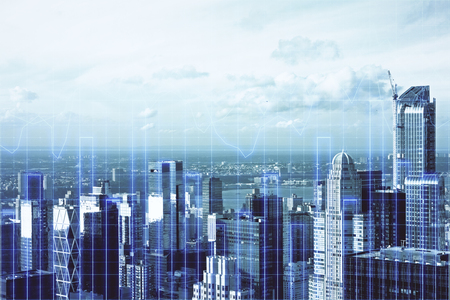 Creative city background with forex chart grid. Stock and trade concept. Double exposureの写真素材