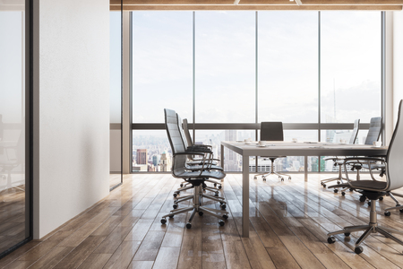 Contemporary meeting room interior with copy space on concrete wall, furniture, wooden floor and panoramic city with sky view. 3D Renderingの写真素材