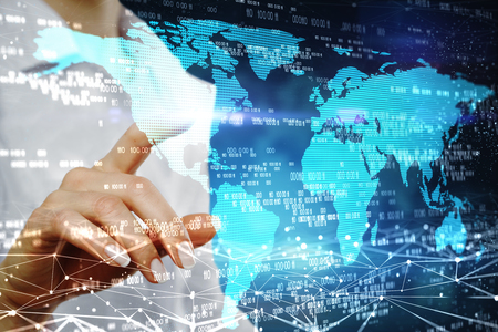 Side view of hand using abstract digital map with binary code on blurry background. Global business and network concept. Double exposureの写真素材