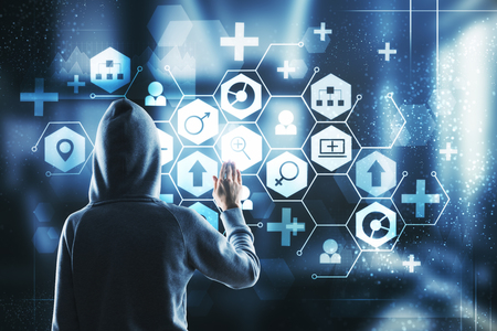 Hacker using creative medical interface on blurry background. Medicine and data theft conceptの写真素材