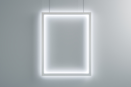 Blank white illuminated banner on concrete wall background. Gallery concept. Mock up, 3D Rendering