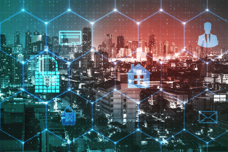 Creative glowing night city background with digital business interface and padlock. Security and internet concept. Double exposureの写真素材