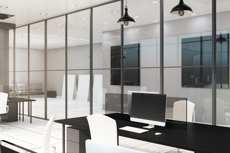 Modern office interior with glass wall, furniture and equipment. 3D Renderingの写真素材