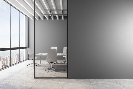 Modern meeting room interior with empty copyspace, city view and daylight. Mock up, 3D Renderingの写真素材