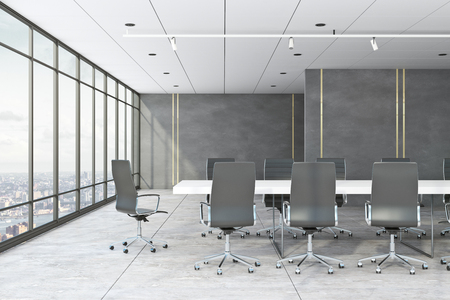 Concrete meeting room interior with panoramic city view and furniture. 3D Renderingの写真素材