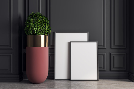 Classical black interior with empty white picture frames and decorative pot plant. Mock up, 3D Renderingの写真素材