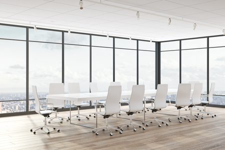 Modern conference room interior with panoramic city view and furniture. 3D Renderingの写真素材