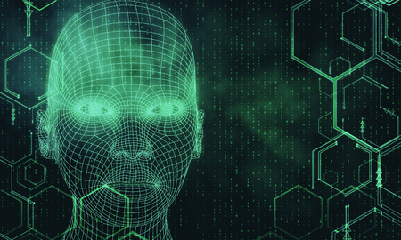 Abstract mesh head wallpaper with digital hexagons. Artificial intelligence, innovation and robotics concept. 3D Renderingの写真素材