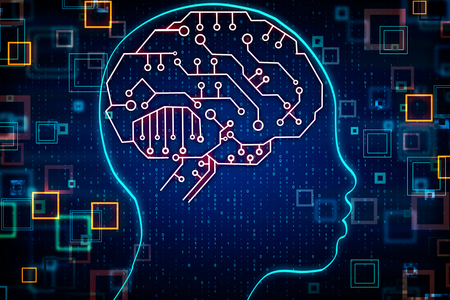 Abstract blurry head outline with circuit brain. Artificial intelligence and coding concept. 3D Renderingの写真素材