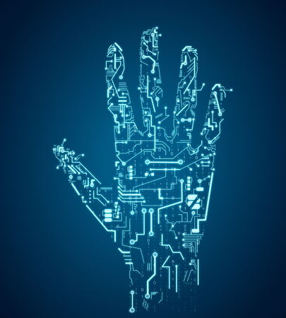 Creative blue circuit hand on dark background. Robotics and ai concept. 3D Renderingの写真素材
