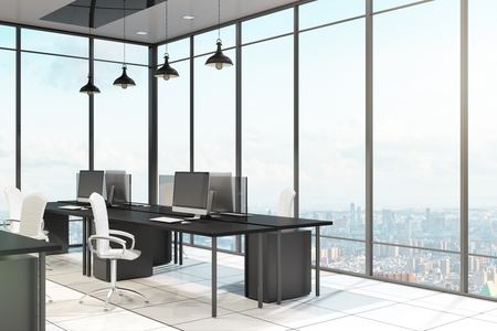 Stylish office interior with furniture, equipment and window with panoramic city and sky view. Design concept. 3D Renderingの写真素材