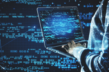 Side view and close up of hacker using laptop with creative binary code interface. Software and program concept. Double exposureの写真素材