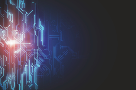 Creative blurry circuit wallpaper with lines. Computing and engineering concept. 3D Renderingの写真素材
