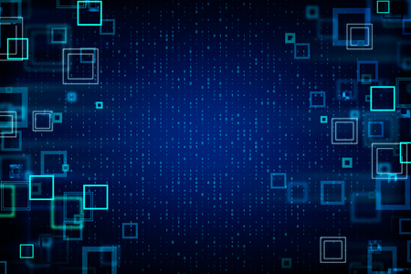 Abstract blurry binary code background with digital squares. Software and computing concept. 3D Renderingの写真素材