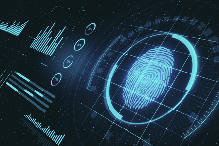 Abstract glowing finger print interface with grid. Access and innovation concept. 3D Renderingの写真素材