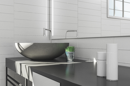 Close up of modern bathroom interior with sink and mirror. Luxury style concept. 3D Renderingの写真素材