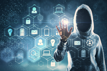 Hacker hand with glowing business interface on blurry background. Network and malware concept. Double exposureの写真素材