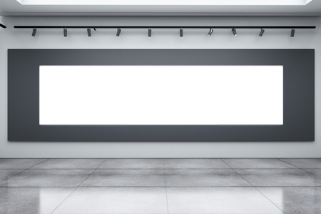 Contemporary concrete exhibition hall interior with empty poster and reflections on floor. Gallery and museum concept. Mock up, 3D Renderingの写真素材