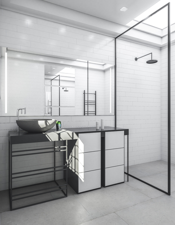 White bathroom interior with sink and mirror. Luxury style concept. 3D Renderingの写真素材