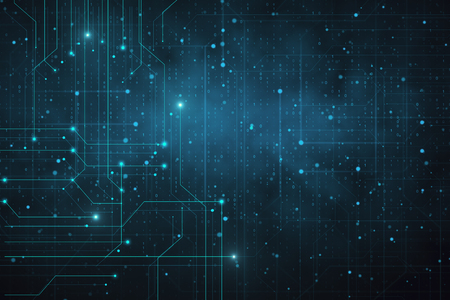 Creative circuit texture with glowing circles and lines. Chip and engineering concept. 3D Renderingの写真素材