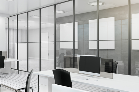 Modern white glass office with empty posters on wall. 3D Renderingの写真素材