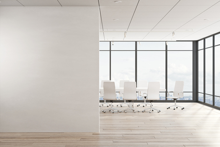 Contemporary meeting room interior with empty copyspace on concrete wall, panoramic city view, daylight and furniture. Mock up, 3D Renderingの写真素材