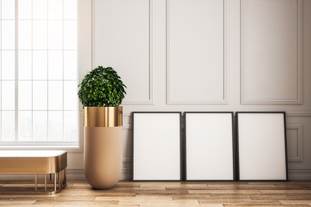 Modern classical interior with empty poster, window, bench, pot tree and sunlight. 3D Renderingの写真素材