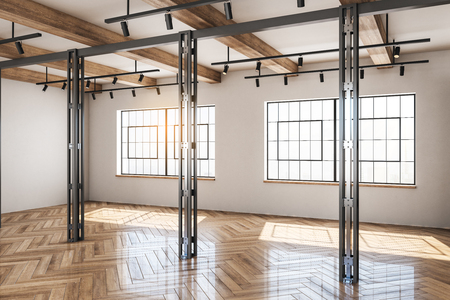 Industrial concrete and wooden warehouse interior with windows and sunlight. Storage concept. 3D Renderingの写真素材